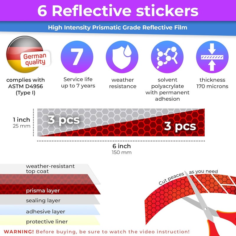 Loom Reflective Stickers for Helmet | 6pcs Prism Gry-red | Similar to 3M Reflective Tape | Bike Reflectors for Night Riding, Mailbox reflectors | Waterproof hi vis Decals for Car, Trailer - Image 3